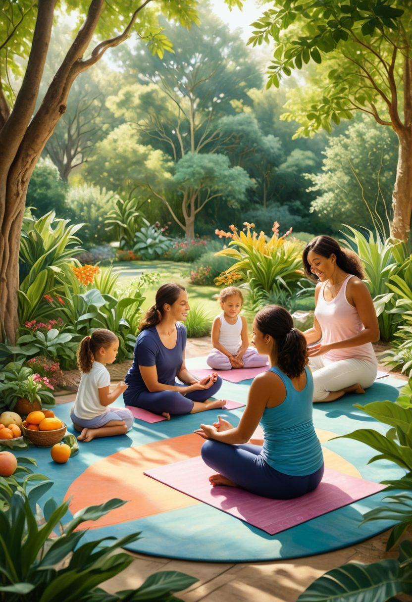 A serene scene featuring a diverse group of modern mothers engaging in nurturing activities with their children, surrounded by lush greenery and soft sunlight filtering through trees. Include wellness elements like yoga mats, fresh fruits, and a cozy support circle of mothers sharing advice. The atmosphere should feel warm, inviting, and harmonious, highlighting themes of family, wellness, and community. painting. vibrant colors. soft focus.