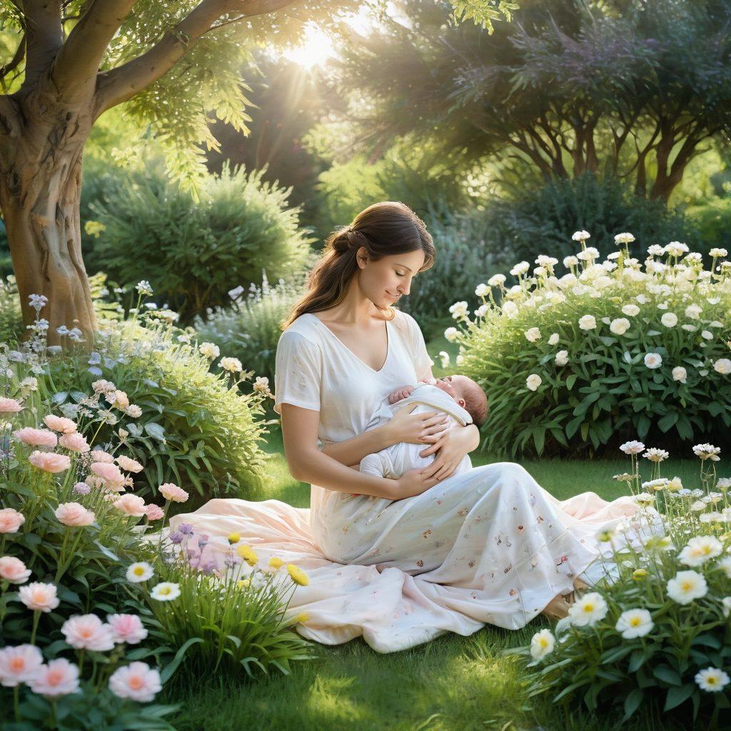 A serene and warm family scene showcasing a mother cradling her baby in a lush garden, surrounded by soft pastel flowers symbolizing maternal care. Nearby, a father engaging joyfully with their older child, creating a harmonious atmosphere of love and support. Gentle sunlight filtering through the trees, enhancing the peaceful setting, with playful pets adding liveliness. watercolor painting. soft colors. warm lighting.
