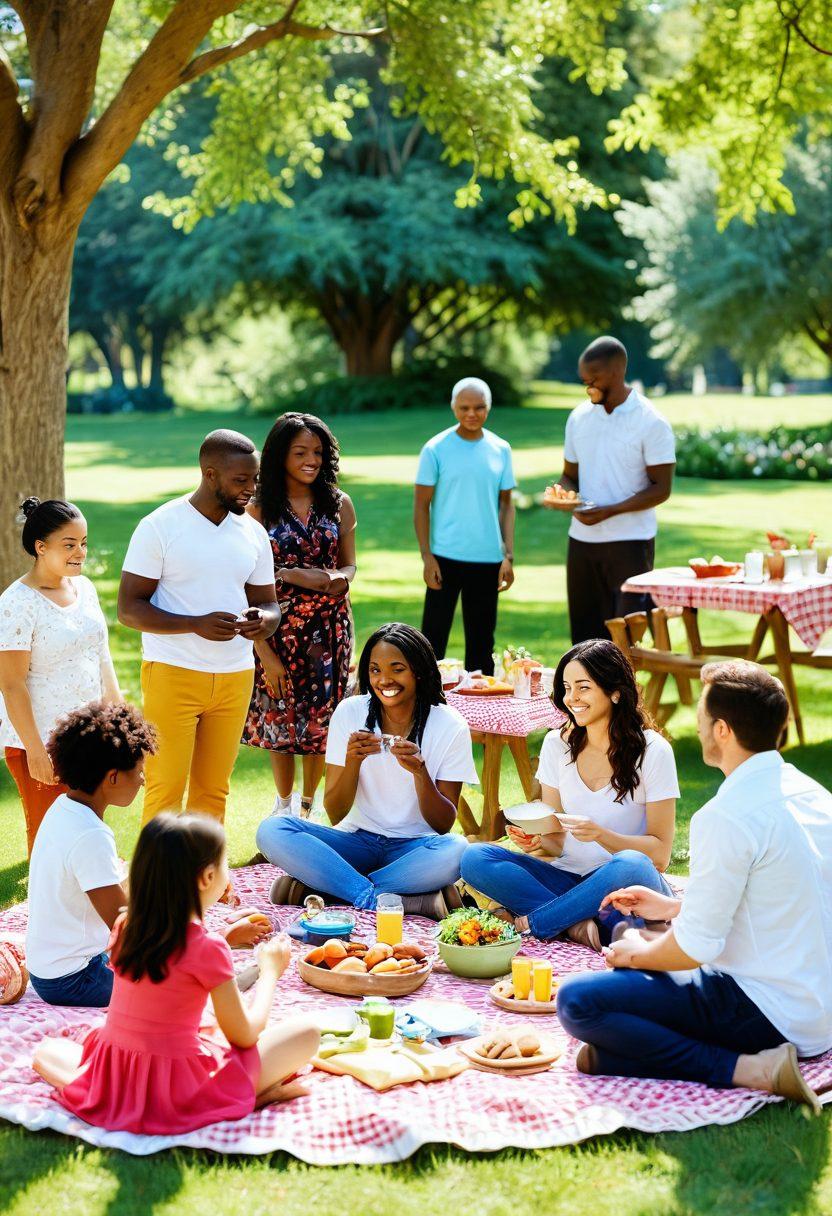 A warm, inviting scene of diverse parents gathering in a sunny park, engaging in various activities together, such as sharing stories, teaching kids, and enjoying a potluck. The background features lush greenery and colorful flowers, symbolizing growth and connection. Incorporate soft, comforting colors to evoke a sense of community and support. super-realistic. vibrant colors. natural setting.